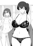  2girls absurdres bra breast_awe breast_envy breasts changing_room cleavage closed_eyes collarbone expressionless flat_chest greyscale hair_between_eyes hair_ribbon highres huge_breasts indoors japanese_clothes kaga_(kancolle) kantai_collection lace lace_bra lace_panties lingerie looking_at_another monochrome multiple_girls navel open_clothes panties parted_lips ribbon side_ponytail takaman_(gaffe) twintails underwear undressing zuikaku_(kancolle) 