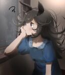  1girl against_window animal_ears blush closed_mouth commentary_request dress eyebrows_visible_through_hair highres horse_ears horse_girl indoors long_hair purple_eyes rain rice_shower_(umamusume) short_sleeves solo tama_(seiga46239239) umamusume water_drop 