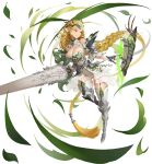  absurdres armor armored_dress blonde_hair braid braided_ponytail breasts cleavage dungeon_and_fighter elven_knight_(dungeon_and_fighter) green_eyes highres jayjiwoo_park knight_(dungeon_and_fighter) large_breasts long_hair pointy_ears shield thighs 