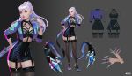  1girl blonde_hair character_request clothing_request commentary dress earrings english_commentary english_text grey_background high_heels highres jacket jason_chan jewelry k/da_(league_of_legends) league_of_legends long_hair looking_at_viewer multicolored_hair pink_hair purple_hair simple_background tagme thighhighs white_hair yellow_eyes 