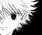  1boy bangs closed_mouth eyes face greyscale hair_between_eyes hunter_x_hunter killua_zoldyck male_focus monochrome simple_background solo toripippi_7 upper_body 