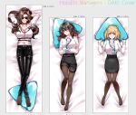  arms_behind_head black_hair blonde_hair breasts brown_hair chino_machiko cleavage crossed_arms crossed_legs dakimakura_(medium) demon_horns dress_shirt enma-chan glasses halo highres hololive hololive_english horns j-chad jenma-chan lanyard large_breasts leggings lipstick_mark looking_at_viewer lying multiple_girls on_back pants pencil_skirt pillow ponytail shirt skirt sunglasses 