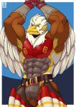  abs anthro armpit_hair arms_tied avian beak blue_eyes body_hair border bound brown_body bulge chaps clothed clothing feathers gloves handwear hi_res male muscular muscular_anthro muscular_male pecs raised_arms solo thunderbird_(tas) tight_clothing tokyo_afterschool_summoners video_games vier_punksterne white_body white_border white_feathers wings yellow_beak 