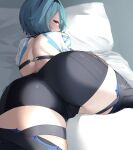  1girl absurdres ass ass_focus back backless_outfit bed black_legwear black_shorts blue_hair eula_(genshin_impact) from_behind genshin_impact highres looking_at_viewer looking_back on_bed pillow profile short_shorts shorts solo steeb thighhighs yellow_eyes 