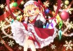  1girl :d absurdres ascot blonde_hair blurry blurry_background bow christmas commentary_request dress eyebrows_visible_through_hair feet_out_of_frame flandre_scarlet flat_chest fur_trim hair_between_eyes hands_up hat hat_bow highres kuraudo leg_ribbon looking_at_viewer mob_cap one_side_up open_mouth ornament petticoat red_bow red_dress red_eyes red_ribbon ribbon short_hair smile snowflakes solo standing touhou white_headwear yellow_neckwear 