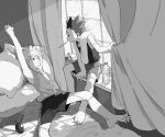  2boys bangs barefoot bed book bottle gon_freecss greyscale highres hunter_x_hunter killua_zoldyck lying male_focus monochrome morning mouth_hold multiple_boys one_eye_closed pillow shorts sitting spiked_hair stretch tank_top tears toripippi_7 towel towel_around_neck waking_up water_bottle window 