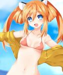  1girl bare_shoulders bikini blush breasts commission double_bun elbow_gloves gloves hair_between_eyes hair_rings happy iwashi_dorobou_-r- long_hair looking_at_viewer medium_breasts navel neptune_(series) open_mouth orange_heart power_symbol shin_jigen_game_neptune_vii smile solo swimsuit symbol-shaped_pupils twintails 