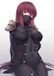  1girl absurdres armor bangs black_bodysuit bodysuit breasts covered_navel fate/grand_order fate_(series) hair_between_eyes highres large_breasts long_hair looking_at_viewer mask okuma707 pauldrons purple_hair red_eyes scathach_(fate) scathach_(fate)_(all) shoulder_armor sitting thighs 