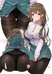  1girl 3: ass black_bra black_legwear blush bra breasts brown_eyes brown_hair button_gap cleavage closed_mouth collarbone covering covering_crotch frown green_skirt green_vest heart heavy_breathing highres idolmaster idolmaster_shiny_colors kuwayama_chiyuki large_breasts leaning_forward looking_at_viewer miniskirt multiple_views open_clothes open_vest panties panties_under_pantyhose pantyhose see-through simple_background skirt spoken_blush sweat thigh_gap torn_clothes torn_legwear underwear undressing upskirt vest white_background yoi_naosuke 