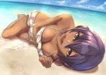  1girl announ_(kurotya) bangs bare_shoulders beach bikini blush breasts cleavage collarbone dark_skin dark_skinned_female fate/prototype fate/prototype:_fragments_of_blue_and_silver fate_(series) hassan_of_serenity_(fate) highres looking_at_viewer lying medium_breasts on_side open_mouth purple_eyes purple_hair short_hair sidelocks smile swimsuit white_bikini 