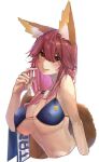  1girl animal_ear_fluff animal_ears anmochi_mochi bikini blue_bikini breasts cleavage collarbone covered_nipples fate/extella fate/extra fate/grand_order fate_(series) fox_ears fox_girl fox_tail large_breasts looking_at_viewer navel pink_hair side-tie_bikini simple_background smile solo swimsuit tail tamamo_(fate)_(all) tamamo_no_mae_(swimsuit_lancer)_(fate) upper_body white_background yellow_eyes 
