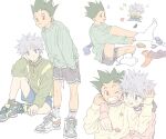  2boys alternate_costume anger_vein bangs black_hair black_shorts blue_eyes blue_shorts chibi closed_mouth dressing gon_freecss grey_hair grin hands_in_pockets highres hunter_x_hunter jacket killua_zoldyck long_sleeves male_focus multiple_boys multiple_views one_eye_closed shirt shoes shorts simple_background sitting smile sneakers socks spiked_hair squiggle standing toripippi_7 white_background white_legwear yellow_eyes 