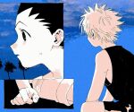  2boys cloud gon_freecss greyscale highres hunter_x_hunter killua_zoldyck male_focus monochrome multiple_boys open_mouth outdoors parted_lips shorts sitting sky spiked_hair sweat tank_top toripippi_7 tree 