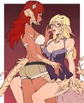  2girls absurdres ass au_ra avatar_(ffxiv) blonde_hair breasts brown_shorts cleavage commentary dark-skinned_female dark_skin dress english_commentary final_fantasy final_fantasy_xiv glasses gradient gradient_background grey-framed_eyewear highres horns kenshin187 long_hair looking_at_another medium_breasts multiple_girls open_mouth pink_eyes purple_dress red_background red_hair semi-rimless_eyewear shorts sitting standing tail tongue tongue_out two-tone_background under-rim_eyewear white_background yuri 