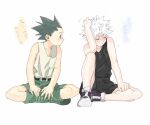  2boys bangs black_hair black_shorts black_tank_top blush boots closed_eyes crossed_legs flying_sweatdrops gon_freecss green_footwear green_shorts highres hunter_x_hunter killua_zoldyck male_focus multiple_boys shorts simple_background sitting spiked_hair sweat tank_top toripippi_7 translation_request white_background white_hair white_tank_top 