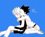  2boys ^_^ bangs barefoot blue_background closed_eyes closed_mouth dirty gon_freecss greyscale highres hug hug_from_behind hunter_x_hunter killua_zoldyck male_focus monochrome multiple_boys shorts simple_background sitting smile spiked_hair tank_top toripippi_7 