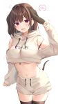 1girl :d animal_ears armpit_peek armpits bare_shoulders black_legwear breasts brown_hair clothing_cutout cowboy_shot crop_top crop_top_overhang drawstring fake_animal_ears floppy_ears front-tie_top hand_up highres hood hood_down hoodie large_breasts looking_at_viewer medium_hair midriff motion_lines navel open_mouth original purple_eyes ramchi short_shorts shorts shoulder_cutout simple_background smile solo spoken_blush standing stomach sweatdrop thigh_gap thighhighs thighs underboob v-shaped_eyebrows white_background white_hoodie white_shorts 