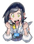  1girl badge black_eyes black_hair blue_skirt blush_stickers body_blush button_badge character_badge clenched_hands clothes_writing collarbone copyright_name earrings gen_1_pokemon gen_2_pokemon hair_behind_ear id_card jacket jewelry kana_(pokemon) off_shoulder official_art open_clothes open_jacket open_mouth pikachu poke_ball_earrings poke_ball_print poke_ball_symbol poke_ball_theme pokemon pokemon_(game) pokemon_masters_ex porygon2 shiny shiny_hair shirt skirt smile solo sparkling_eyes star_(symbol) star_print suspender_skirt suspenders tongue upper_body upper_teeth white_background white_jacket white_shirt zipper_pull_tab 