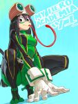  1girl asui_tsuyu black_eyes black_hair blue_background bodysuit boku_no_hero_academia breasts character_name commentary_request copyright_name dutch_angle foreshortening from_below gloves goggles goggles_on_head gradient gradient_background green_bodysuit hands long_hair long_tongue looking_at_viewer mask medium_breasts shuichi_wada simple_background solo squatting tongue very_long_tongue white_gloves 