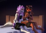  bandage bed bottomwear canid canine canis clothed clothing collar fan_character female female/female feral furniture glowing glowing_eyes group mammal scarf shido-tara simple_background sitting skirt wolf 