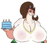  anthro areola big_breasts birthday_cake breasts brown_hair cake cleavage clothed clothing dessert dragon female food fully_clothed hair half-closed_eyes holding_food holding_object huge_breasts miss_l narrowed_eyes nipple_outline obese obese_anthro obese_female overweight overweight_anthro overweight_female ponytail red_eyes scalie simple_background solo translucent translucent_clothing vdisco white_background 