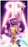  anthro clothed clothing domestic_cat eyewear facial_piercing felid feline felis female fur glasses glowstick grey_body hair hi_res male mammal nose_piercing open_mouth piercing pink_hair purple_hair rave rotteen smile solo teeth tongue tongue_out uglytree whiskers 