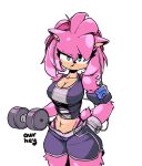  2021 accessory amy_rose anthro athletic athletic_anthro athletic_female awr_hey breasts clothing digital_media_(artwork) eulipotyphlan female gloves green_eyes hair hair_accessory hairband handwear headphones hedgehog hi_res mammal navel pink_body pink_hair solo sonic_the_hedgehog_(series) sportswear walkman weights 