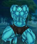  2021 abs big_muscles black_eyes blue_body blue_nipples blue_theme blush bodily_fluids bulge clothed clothing epic_games flexing fortnite glistening glistening_body goo_creature goo_humanoid hands_behind_head hi_res humanoid looking_at_viewer male muscular muscular_humanoid muscular_male navel nipples not_furry open_mouth pecs rippley smile solo spread_legs spreading sweat topless video_games yoruunsfw 