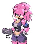  2021 accessory amy_rose anthro athletic athletic_anthro athletic_female awr_hey breasts classic_amy_rose classic_sonic_(universe) clothing digital_media_(artwork) eulipotyphlan female gloves green_eyes hair hair_accessory hairband handwear headphones hedgehog hi_res mammal navel pink_body pink_hair solo sonic_the_hedgehog_(series) sportswear walkman weights 