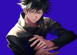  1boy bangs black_hair black_jacket blue_background buttons closed_mouth commentary_request fushiguro_megumi green_eyes hands_together hands_up jacket jujutsu_kaisen long_sleeves looking_at_viewer male_focus short_hair simple_background solo spiked_hair tenobe upper_body v-shaped_eyebrows 