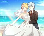  2boys ahoge artist_name beach blonde_hair blue_eyes boruto:_naruto_next_generations boruto:_naruto_the_movie bride closed_eyes cloud commentary_request crossdressing day dress earrings flower formal grey_hair groom hair_flower hair_ornament highres hug husband_and_husband jewelry lens_flare looking_at_viewer male_focus mitsuki_(naruto) multiple_boys naruto_(series) necklace necktie ocean outdoors pearl_necklace sky smile ssardenn suit sunlight uzumaki_boruto wedding_dress whiskers yaoi 