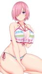  1girl arind_yudha bare_shoulders bikini bikini_bottom bikini_top breasts fate/grand_order fate_(series) hair_over_one_eye highres large_breasts mash_kyrielight navel pink_hair purple_eyes smile solo stomach string_bikini swimsuit swimsuit_of_perpetual_summer_ver.02 swimwear thighs 