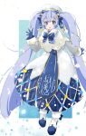  1girl :o bass_clef beret blue_bow blue_gloves blue_tabard bokarokaku boots bow bowtie braid capelet christmas_lights commentary dress eighth_note full_body fur-trimmed_boots fur-trimmed_capelet fur_trim gloves gold_trim hair_bow hair_ornament hand_up hat hatsune_miku highres light_blue_eyes light_blue_hair long_hair looking_at_viewer musical_note musical_note_hair_ornament open_mouth snowflake_print solo standing tabard treble_clef twintails very_long_hair vocaloid white_background white_capelet white_dress white_footwear white_headwear yuki_miku yuki_miku_(2021) 