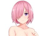  1girl arind_yudha bare_shoulders breasts cleavage collarbone eyebrows fate/grand_order fate_(series) mash_kyrielight pink_hair purple_eyes smile solo 