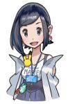  1girl badge black_eyes black_hair blue_skirt blush body_blush breasts button_badge character_badge clothes_writing collarbone copyright_name earrings gen_1_pokemon gen_2_pokemon hair_behind_ear id_card jacket jewelry kana_(pokemon) medium_breasts off_shoulder official_art open_clothes open_jacket open_mouth pikachu poke_ball_earrings poke_ball_print poke_ball_symbol poke_ball_theme pokemon pokemon_(game) pokemon_masters_ex porygon2 shiny shiny_hair shirt skirt smile solo star_(symbol) star_print suspender_skirt suspenders tongue upper_body white_background white_jacket white_shirt zipper_pull_tab 
