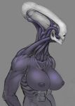  alien areola big_(disambiguation) big_breasts bone breasts clenched_teeth eyeless female hi_res humanoid meandraco monster muscular muscular_female muscular_humanoid nipples not_furry nude purple_areola purple_body purple_breasts simple_background skull solo teeth 