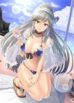  1girl azur_lane bangs beach bikini black_choker blue_bikini blue_sky braid breasts butterfly_hair_ornament choker cleavage cloud commentary_request crown_braid day dunkerque_(azur_lane) dunkerque_(summer_sucre)_(azur_lane) flip-flops full_body grey_hair hair_ornament hairband large_breasts long_hair looking_at_viewer lotion official_alternate_costume outdoors red_eyes sandals sidelocks sky smile solo sunscreen swimsuit very_long_hair y2 
