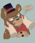  2021 angry animatronic annoyed anthro anthro_focus big_bow_tie big_ears black_nose bluberry712 blue_eyes bow_tie brown_body clothing dialogue disembodied_hand duo english_text face_squish five_nights_at_freddy&#039;s five_nights_at_freddy&#039;s_2 grey_background hand_on_face hand_on_head hat headgear headwear hi_res human machine male male_focus mammal motion_lines narrowed_eyes portrait robot round_ears simple_background solo_focus squint squish tan_body tan_skin text thought_bubble top_hat toy_freddy_(fnaf) ursid video_games 