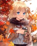  1girl absurdres anonamos autumn_leaves black_hair blue_eyes capelet coffee_cup cup disposable_cup grin hair_ornament highres hololive hololive_english leaf long_sleeves looking_at_viewer maple_leaf medium_hair monocle_hair_ornament scarf smile twitter_username upper_body virtual_youtuber watson_amelia 