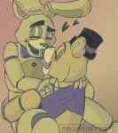  &lt;3 2021 animatronic anthro big_ears black_nose bluberry712 blush bow_tie close-up clothed clothing duo ear_blush eyes_closed five_nights_at_freddy&#039;s fredbear_(fnaf) hands_on_shoulders happy hat headgear headwear holding_(disambiguation) holding_partner lagomorph leporid long_ears machine male male/male mammal multicolored_body nuzzling open_mouth orange_background rabbit red_background robot round_ears simple_background smile spring_bonnie_(fnaf) teeth top_hat topwear two_tone_body ursid vest video_games yellow_body 