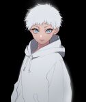  1boy androgynous blue_eyes closed_mouth commentary_request drawstring expressionless eye_focus eyelashes gojou_satoru highres hood hoodie jujutsu_kaisen long_sleeves looking_at_viewer male_focus pocket short_hair solo standing sweater tenobe upper_body white_hair white_hoodie white_sweater younger 