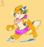  3-pm animate_inanimate anthro bandanna bandetto birthday_hat blue_body canid canine canis clothing domestic_dog inflatable inflatable_toy kerchief lapfox_trax living_inflatable male mammal multicolored_body orange_body orange_skin pool_toy simple_background smile solo water white_body 