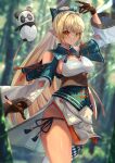  &gt;:) 1girl absurdres blonde_hair breasts brown_gloves cleavage_cutout closed_mouth clothing_cutout cowboy_shot dark_skin dark_skinned_female detached_sleeves elf forest gloves hair_intakes hair_ribbon high_ponytail highres hololive kintsuba_(shiranui_flare) large_breasts leather leather_gloves light_blush long_hair looking_at_viewer mono_1010 multicolored_hair nature panties partially_fingerless_gloves pelvic_curtain pointy_ears ribbon shiranui_flare shoulder_cutout side-tie_panties side_slit sideboob single_thighhigh skirt smile solo streaked_hair thighhighs underbust underwear virtual_youtuber white_skirt wide_ponytail wide_sleeves 