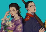  absurdres black_hair blue_background blue_eyes bow buzz_cut facial_mark flower golden_kamuy gun hair_bow hand_up hat hat_removed headwear_removed highres holding holding_flower japanese_clothes kimono lily_(flower) lipstick long_hair looking_at_viewer makeup military military_uniform pated_lips reman_kamuy short_hair uniform upper_body usami_tokishige very_short_hair weapon 