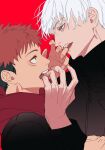  2boys bangs black_hair black_jacket blue_eyes blush commentary_request eye_contact facial_mark finger_in_another&#039;s_mouth from_side gojou_satoru half-closed_eyes hand_up highres itadori_yuuji jacket jujutsu_kaisen light_blush long_sleeves looking_at_another looking_down looking_up male_focus multicolored_hair multiple_boys open_mouth profile red_background red_hair red_shirt shirt sidelocks simple_background teeth tenobe two-tone_hair upper_body white_hair yaoi 