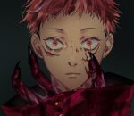  1boy bangs blood blood_on_face bloody_clothes buttons claws closed_mouth commentary_request expressionless face facial_mark itadori_yuuji jujutsu_kaisen looking_at_viewer male_focus orange_eyes red_hair ryoumen_sukuna_(jujutsu_kaisen) shirt short_hair solo_focus straight-on tenobe wide-eyed 