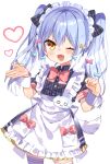  1boy absurdres apron bangs blue_hair blush bow bowtie dog_tail dress eyebrows_visible_through_hair fang frilled_apron frilled_dress frills hair_between_eyes hair_bow hair_ornament heart highres inuyama_tamaki looking_at_viewer maid_apron maid_headdress noi_mine noripro one_eye_closed open_mouth otoko_no_ko paw_pose simple_background smile striped tail thighhighs twintails vertical-striped_dress vertical_stripes virtual_youtuber white_background wrist_cuffs yellow_eyes 