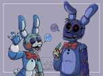  ! &lt;3 2021 animatronic anthro black_nose bluberry712 blue_body bonnie_(fnaf) bow_tie buckteeth cardboard dialogue duo eyelashes eyes_closed five_nights_at_freddy&#039;s five_nights_at_freddy&#039;s_2 gesture girly glowing glowing_eyes greeting grey_background happy headgear lagomorph leporid long_ears machine male mammal mask multicolored_body open_mouth patch_(fabric) pointing pointing_at_self rabbit raised_arm red_eyes robot scut_tail short_tail simple_background size_difference smile speech_bubble standing stitch_(sewing) tape teeth tongue toy_bonnie_(fnaf) two_tone_body video_games waving waving_hand white_body white_tail wire withered_bonnie_(fnaf) 