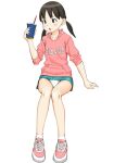  1girl ankle_socks bangs black_eyes black_hair blue_skirt clothes_writing commentary_request cross-laced_footwear cup disposable_cup doraemon drinking_straw english_text holding holding_cup hood hood_down hoodie long_sleeves looking_to_the_side low_twintails maburu_(lojyq1eur3e8bit) minamoto_shizuka miniskirt open_mouth panties pantyshot pink_footwear pink_hoodie shoes simple_background sitting skirt sneakers solo twintails underwear white_background white_legwear white_panties 