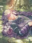  1boy closed_eyes dappled_sunlight fengxi_(the_legend_of_luoxiaohei) flower grass hair_over_one_eye highres leaf long_hair long_sleeves lying male_focus on_back otjmohu plant pointy_ears purple_flower purple_hair shadow solo sunlight the_legend_of_luo_xiaohei upper_body 